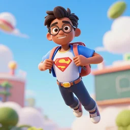 a black nerdy teenager flying above his school,pulling his shirt open to reveal his superhero custome. Artstation trending 3d art cg 4k