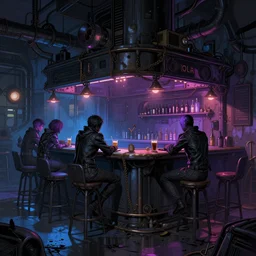 detailed ultra - realistic graphic novel illustration of shadowrun cyberpunk postapocalyptic desolate industrial bar inspired by famous artstation painters, violet, black, blue vibrant colors