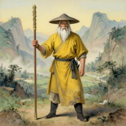 a chinese battle monk, wearing a faded dark yellow toga, a gray straw hat, holding a long wooden staff that is perpendicular to the floor, long white beard, in the background a beautiful valley with mountains, full body shot, detailed, fantastical, drawn in the style of jean - baptiste monge