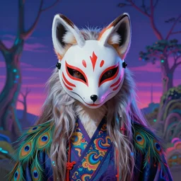 a photorealistic portrait of a kitsune with long fluffy furs and ears, wearing a painted fox skull mask, clothes themed on a peacock mage, painting by jeff easley, stylized, neon, vhs, 8 0 s, dnd beyond, chromal aberration, fae wilds sky