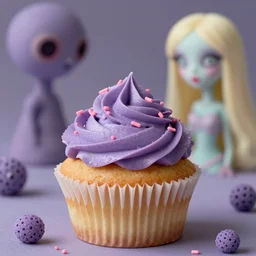 a cupcake with purple frosting and pink sprinkles, a pastel by Lisa Frank, trending on cgsociety, rasquache, biomorphic, trypophobia, lovecraftian