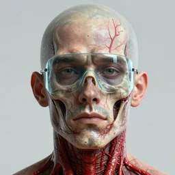 man's face with see - through glass - like skin, blood vessels, and bones showing, hyperdetailed, realistic, high - resolution illustration that slightly looks like a comic character