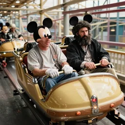 benito mussolini and bin laden enjoying a ride on a rollercoaster wearing mickey mouse ear, gopro photo