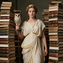 a young adult diane lane as the goddess minerva surrounded by stacks of books, owls, esoteric symbols, in the style of dariusz zawadzki, 8 k, hyperdetailed