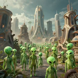 8 k photograph from a crowd of aliens, city, organic buildings, artstation