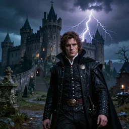 simon belmont, with castle dracula in the distance, and subject in the foreground, eerie lightning, 8 k