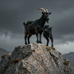 a spanish black billy goat in the peak of a granite mountain in avila, cabra montesa, macho cabrio, 4 k, concept art, by wlop, ilya kuvshinov, artgerm, krenz cushart, greg rutkowski, pixiv. cinematic dramatic atmosphere, sharp focus, volumetric lighting, cinematic lighting, studio quality