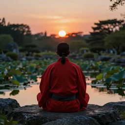ant view of a zen master symmetrical body, clothed in a beautiful red kimono quietly sitting in a rock garden overlooking a pond of lilly pads during a sublime sunset, one sun, his dark silhouette completely obscured by bokeh, colorful masterpiece photography,
