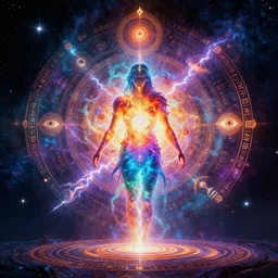 full body cosmic gods : : the core of consciousness, fractal, chakras, galaxy, stars, spirals, ancient, lightining, vivid colours, hieroglyphs, symbols evolving consciousness, eyes, unreal enigne 5