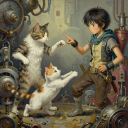 surreal gouache gesture painting, by yoshitaka amano, by ruan jia, by Conrad roset, by dofus online artists, detailed render of cats fighting,cats, felines, meow, cats,  portrait, cgsociety, artstation, rococo mechanical, Digital reality, sf5 ink style, dieselpunk atmosphere, gesture  drawn