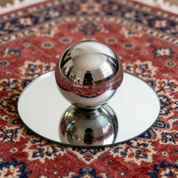 A chrome sphere and a mirror set on a oriental rug, still life photography, high detail, 4k