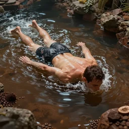 an intricate concept illustration of a man swimming inside a hot coffee pool , surreal,  fantasy, highly detailed, cinematic lighting,  Artstation, concept art, hyper realistic, cgsociety
