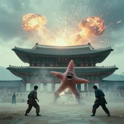 a filmstill of a north korean monster movie, kaiju - eiga monster starfish - like trampling a traditional korean palace, foggy, film noir, dream - like, etheral, explosions, thriller, by akira kurosawa and wes anderson video compression