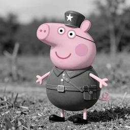 Peppa Pig as a soldier in World War II, ww2, black and white photo, 1940