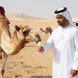 camel stealing an ice cream from the hands of a saudi arabian prince