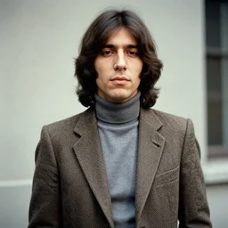 1970s photograph of a long-haired man wearing a blazer and a turtleneck