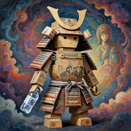 a water bottle computer cardboard creature samurai warrior, intense intricate detail, beautiful and gorgeous design, cinematic composition, painting masterpiece by rembrandt, michelangelo, junji ito, yoji shinkawa, takehiko inoue, psychedelic imagery background, fractal clouds