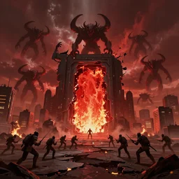 Burning city, demons in the sky, red sky, sky ripping open, monsters coming from red portal, futuristic army fighting, ground ripping open, digital art, artstation, concept art, hyperrealistic, 4k, 8k