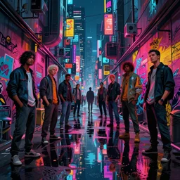 a cyberpunk alley filled with graffitii in future tokyo at night, reflections on wet ground by sachin teng and pascal blanche and alphonse mucha and nekro and josan gonzalez and rhads and ruan jia. in style of digital art. colorful comic, film noirs, symmetry, vibrating colors, hyper detailed. octane render, artstation, straight lines