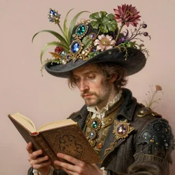 HD 8x hyperdetailed illustrated collage portrait of a man with a maximalist hyperrealistic huge hat made of mixed media jewel plants, reading an elaborate book. flamish baroque solarpunk elements. matte background in pastel tones.