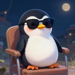 digital art of a cute penguin sitting on a chair wearing sunglasses at night!!! detailed, trending on artstation, digital art, award winning art, detailed digital art, painting