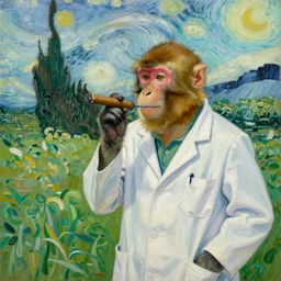 rhesus monkey in a lab coat, smoking a cigar, in a green field, van gogh style painting