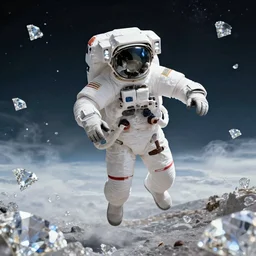 astronaut floating over landscape filled with diamonds, photo realistic