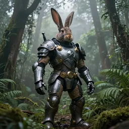 photograph by discovery channel! full shot!! armored cyborg rabbit superhero rugged barbarian, fog, in deep forest jungle, overcast!!!