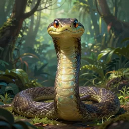 anthropomorphic snake creature, with its upper body close to the one of a human, including chest and arms, while also having characteristics of a snake. lower part one big snake tail. drawn like a furry art piece, looking directly at the viewer, their eyes a multitude of colors. the background is an endless jungle.