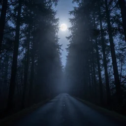 road between tall trees, night, fog, cold light, moon