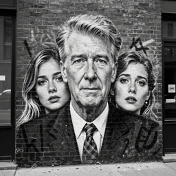 Emotional pictures of David Lynch sprayed on New York street brick walls in the style of WEEGEE , 8k, monochrome, photorealistic imagery, trending on artstation, artstationHQ, artstationHD