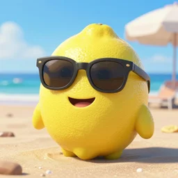 a portrait of a pixar - style lemon wearing sunglasses on it's face, smiling, enjoying being at the beach. 8 k resolution, photo realistic, pixar style,
