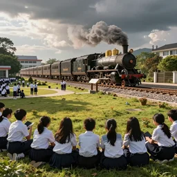 High school students watch a steam train drive through their school playground