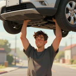 man lifting a car with his hands, detailed digital art trending in artstation