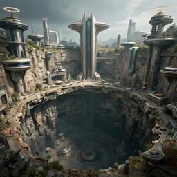 a massive cenote hole in the ground, hundreds of modern halo, mass effect, star wars futuristic buildings built on and around the cliff wall, large central tower in the middle, mattepainting, concept art, future architecture
