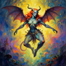 A psychedelic portrait of jumping nephilim accuser, vibrant color scheme, highly detailed, in the style of romanticism, cinematic, artstation, Moebius, Greg rutkowski