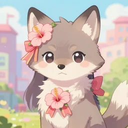 a cute anthropomorphic maned wolf girl anthro wearing a hibiscus ribbon, city background, very anime!!! kawaii!! furry!! intricate details, aesthetically pleasing pastel colors, scenic background, art by conrad roset and ilya kuvshinov. trending on deviantartstation