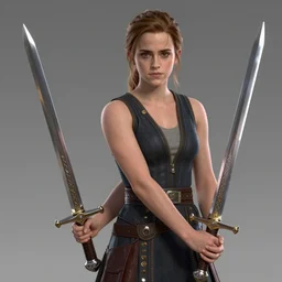 emma watson holding two swords, a digital rendering by igor zenin, cgsociety, fantastic realism, ue 5, daz 3 d, quantum wavetracing