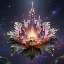 hyper space castle organic flower leaf cosmic futuristic advanced technology, global illumination radiant light stellar background concept art hyperrealistic ultra realistic trending on artstation high quality, by paul laffoley