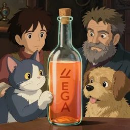 a cat and a dog stupefied by a transparent bottle filled with vivid orange liquid and the letter omega on it, art by studio ghibli and j. c. leyendecker and greg rutkowski and artgerm and ilya kuvshinov, portrait, d & d, fantasy, highly detailed, digital painting, headshot, trending on artstation, concept art, sharp focus, illustration