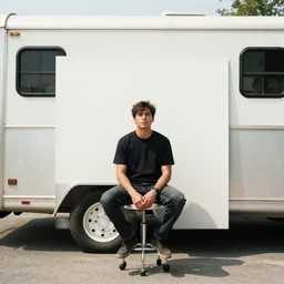 a man sitting on a stool in front of a trailer, an album cover by james baynes, instagram contest winner, neo - romanticism, aesthetic, # film, photo taken with ektachrome