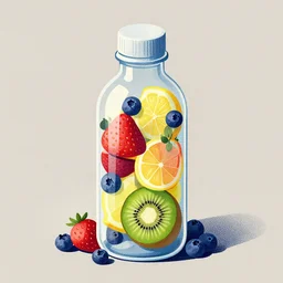 ( ( dithered ) ), editorial illustration strawberries blueberries sliced kiwi sliced lemon inside a clear drinking bottle, isometric, modern art deco, mads berg, karolis strautniekas, christopher balaskas, stippled light, fog, fine texture, dynamic composition, matte print, unreal engine