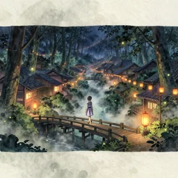 anime, incredible wide screenshot, ultrawide, watercolor, paper texture, intricate, very detailed, ghost in the shell movie scene, girl in a dress walking the beautiful forest town, lanterns, wood bridges, night outdoors, fireflies!!!!, fog, dust
