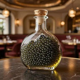 a photorealistic photograph of a mountain of caviar in the shape of an Armagnac decanter at an upscale polo lounge Trending on Artstation, featured on Behance, well-rendered, Unreal Engine, 4K HD