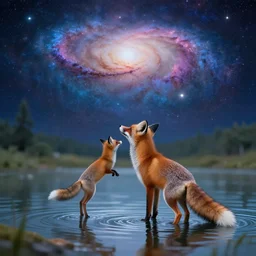 a fox in a lake in space staring up at a galaxy, realistic, colorful