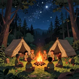 detailed cartoon illustration of kid scouts camp in the middle of the forest during the starred night, night sky full of stars, kids sitting around the firepit, in style of beatiful cartoon comic - book, extreeme details, very detailed cartoon
