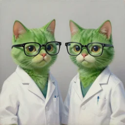 painting by cory loftis of a pair of green scientist cats wearing glasses