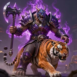 enraged orc king in spiky armor with a purple fiery aura!!!!!!, wearing a dragon mask, holding a poisonous axe, enraged orc king in spiky armor riding a tiger, trending on artstation, sharp focus, highly detailed, digital fantasy art