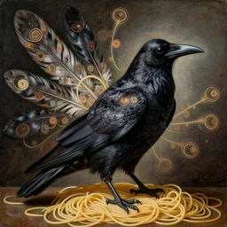 a raven made of spaghetti, intricate and elegant feathers made of fractals of spagetthi, highly detailed, by giuseppe arcimboldo and ambrosius benson, renaissance, romanticism, intricate and intense oil paint, a touch of beksinski, realistic