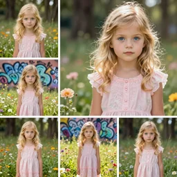 A collage of a young girl with blonde hair, blue eyes, and a pink dress. She is standing in a meadow with flowers and trees. graffiti by John Pitre defined